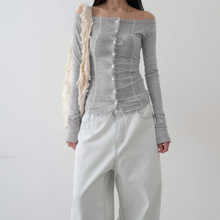 灰色针织长袖 ROCKMORE 开衫 一字肩蕾丝排扣修身 上衣潮 韩系简约