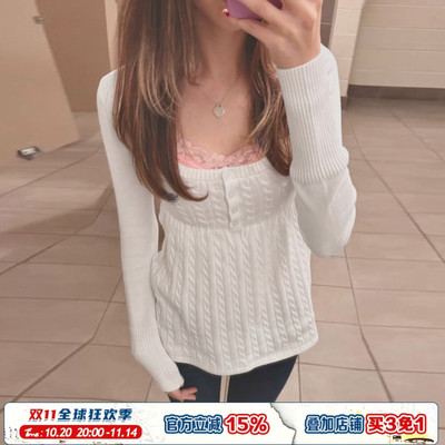 ROCKMORE【法式纯欲】白色方领A摆娃娃针织衫麻花排扣长袖上衣女