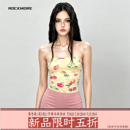 多巴胺水果印花度假风抹胸上衣女
