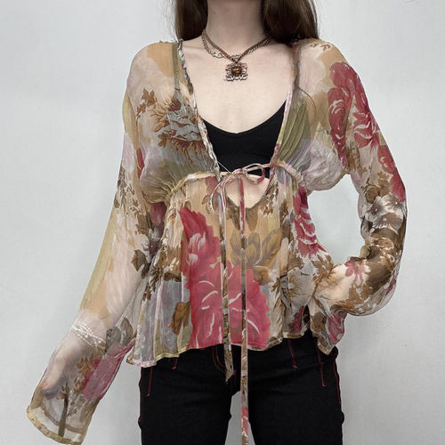 ROCKMORE【中古气质】vintage花卉印花轻薄雪纺衫性感V领系带罩衫
