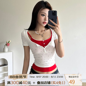 ROCKMORE【美式bm风】波点半开纽扣短袖T恤 撞色真两件甜辣上衣女