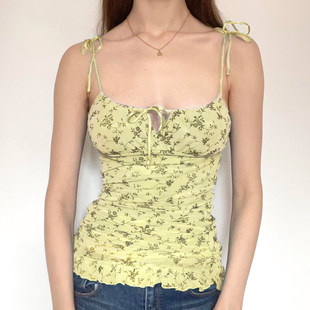 ROCKMORE 小碎花系带蝴蝶结镂空吊带蓝色网纱背心夏 复古田园风