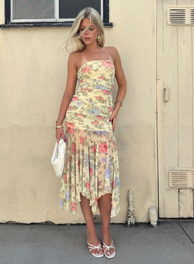 ROCKMORE【法式度假风】黄色碎花不规则抹胸裙气质性感露肩连衣裙