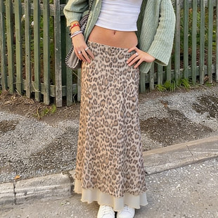 ROCKMORE 卡其色双层网纱豹纹半身裙女气质百搭包臀裙 野性复古