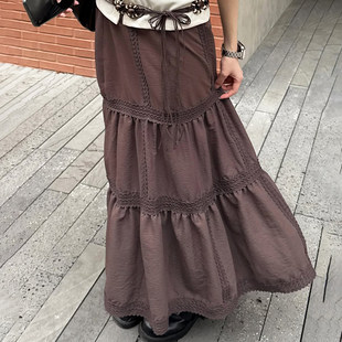 伞裙百搭 复古棕色花边分割半长裙度假风长款 ROCKMORE 古早辣妹