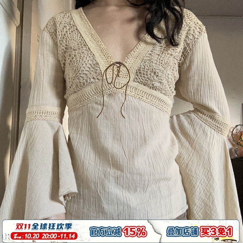 文艺民风气质拼接网布衬衫上衣