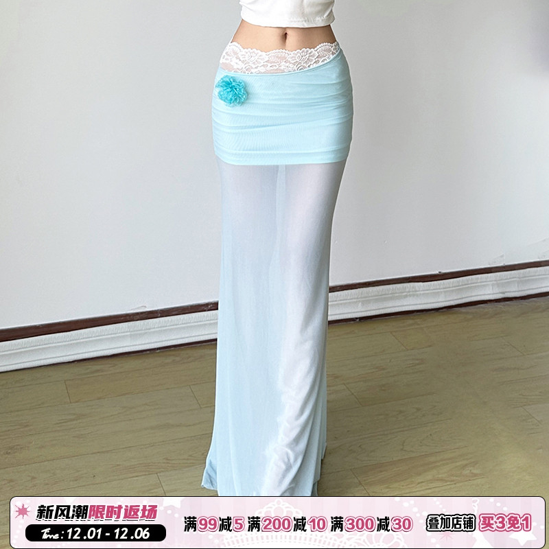 立体花装饰蓝色网纱半裙