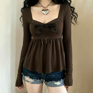 T恤女棕色A摆娃娃衫 复古小众方领蝴蝶结长袖 摩卡旋律 ROCKMORE