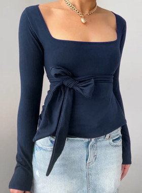 ROCKMORE【小众简约】设计感绑带收腰方领长袖T恤 浅紫色打底上衣