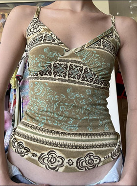 ROCKMORE【波西米亚风】vintage古着印花绿色背心植系修身吊带女