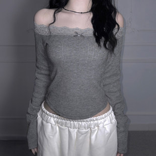 T恤 蕾丝拼接一字肩长袖 高级灰内搭打底上衣 纯欲少女 ROCKMORE