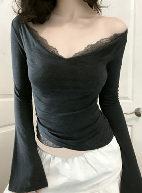 ROCKMORE【法式纯欲】灰色蕾丝拼接一字肩长袖T恤女 修身显瘦底衫