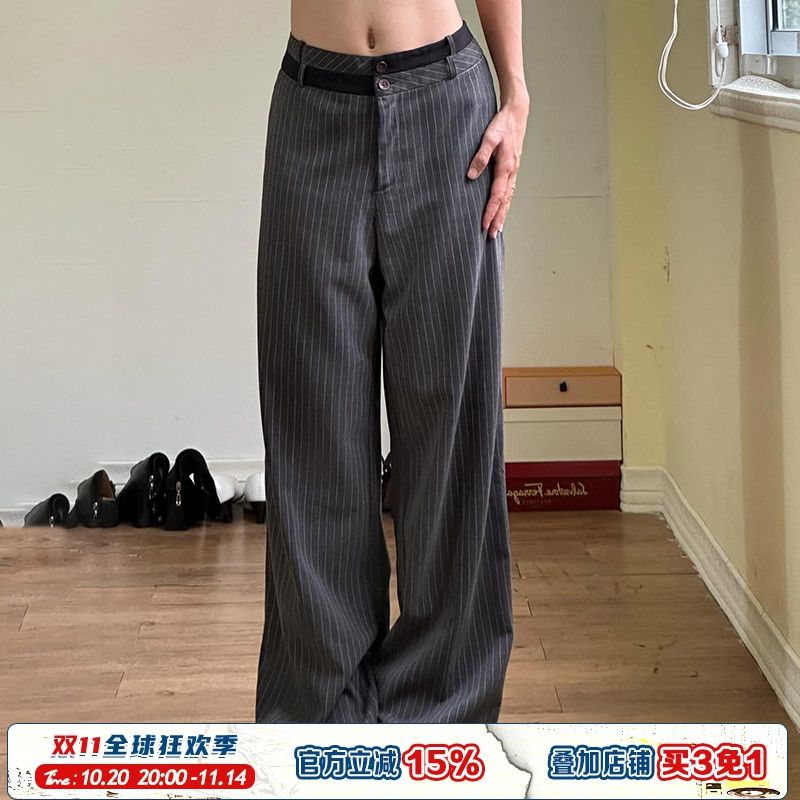 低腰纹撞色腰头灰色西装裤