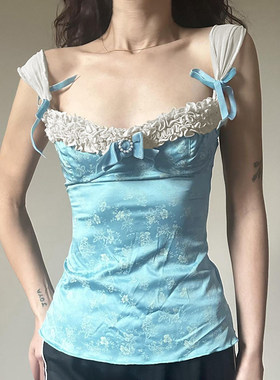 ROCKMORE【巴洛克风】少女蝴蝶结植系印花蓝色背心木耳边方领吊带