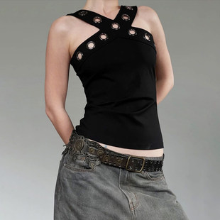 ROCKMORE 黑色鸡眼拼接交叉肩带背心夏设计感辣妹吊带 机能美式