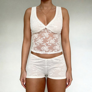 短裤 ROCKMORE 深V吊带 白色透视蕾丝提花拼接辣妹套装 纯欲性感