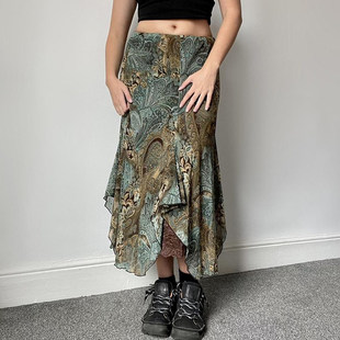 ROCKMORE 森系特色复古印花蕾丝拼接半身裙女百搭长裙 梦核精灵