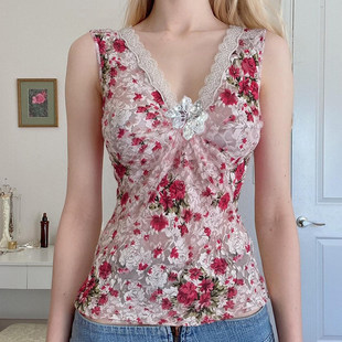 上衣vintage复古背心潮 花色深v蕾丝拼接无袖 ROCKMORE 古早辣妹