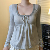 ROCKMORE T恤条纹高腰束胸上衣 长袖 古法少女 灰色方领A摆娃娃衫