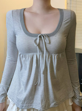 ROCKMORE【古法少女】灰色方领A摆娃娃衫长袖T恤条纹高腰束胸上衣