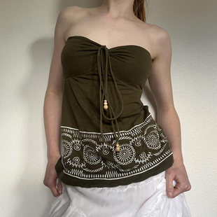 ROCKMORE vintage古早图腾印花吊带军绿色串珠抹胸 度假民族风