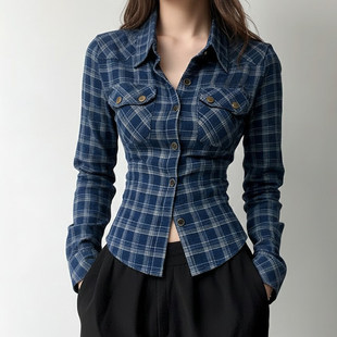 女日杂格调修身 ROCKMORE 衬衫 复古格纹翻领长袖 上衣 酷辣高智感