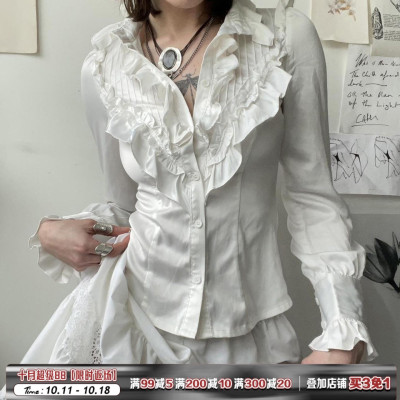 ROCKMORE【法式中古】宫廷风荷叶边白色长袖衬衫收腰气质复古上衣