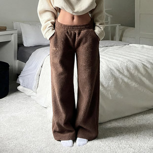 居家风长裤 ROCKMORE 棕色双面绒保暖低腰直筒休闲裤 复古 女 美式