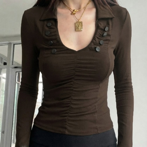 棕色双排扣翻领低胸T恤女