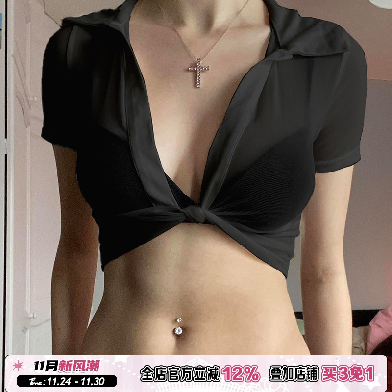 欧美网纱透视扭结短袖T恤