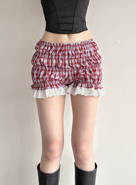 ROCKMORE【甜辣法式】红色打揽褶皱花边拼接花苞裤复古格子短裤夏