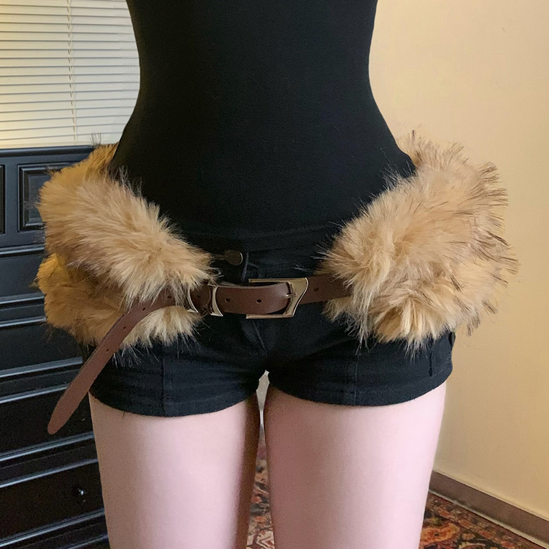 棕色古早金属针扣毛毛腰带