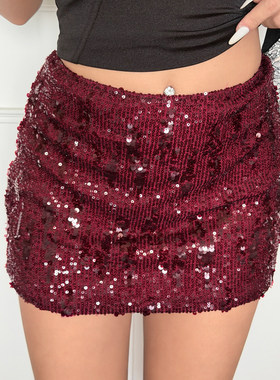 ROCKMORE【吸睛辣妹】细闪亮片拼接红色包臀短裙女低腰修身半身裙