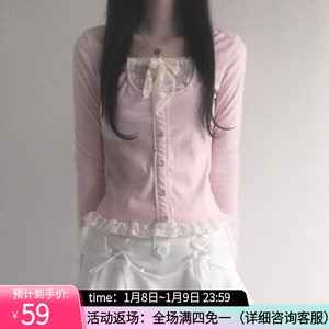ROCKMORE【粉樱甜妹】少女蕾丝花边纽扣蝴蝶结上衣 气质长袖T恤衫
