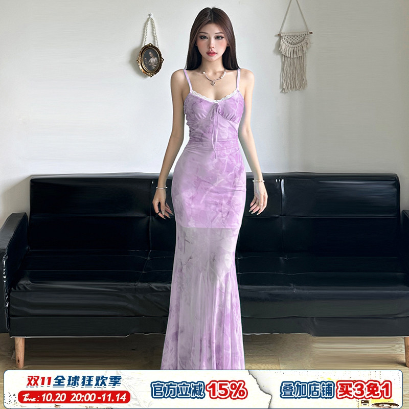 清新紫色印花网纱吊带裙女