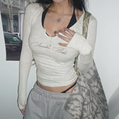 街头辣妹 字母印花浅灰色长袖 T恤女 ROCKMORE 修身 显瘦打底上衣