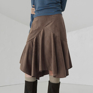 ROCKMORE 复古棕色系不规则半身裙女小众设计百搭中裙 高级简约