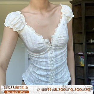 甜美泡泡袖 ROCKMORE 宫廷提花低领排扣上衣 芭蕾少女 T恤夏 法式