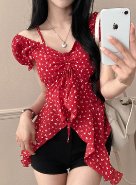 ROCKMORE【bm田园风】娇艳红色碎花泡泡袖木耳边T恤夏 纯欲度假衫