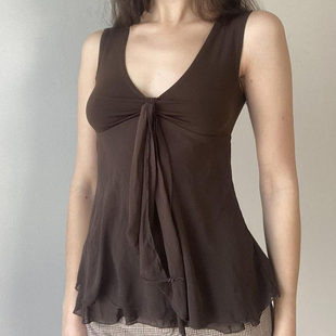 ROCKMORE 棕色复古绑带低胸设计感背心夏褶皱胸型吊带 古早辣味