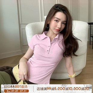 甜美学院上衣 ROCKMORE 韩系简约 粉色单排扣半开领正肩短袖 T恤