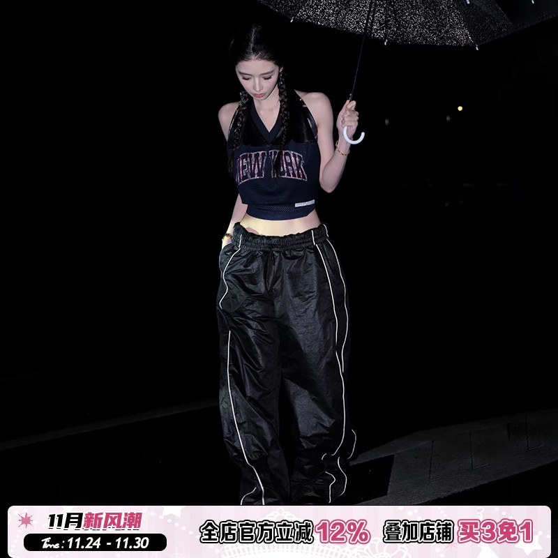 字母印花系带挂脖吊带低腰休闲裤