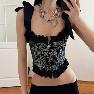 ROCKMORE 植系印花木耳边束腰背心蝴蝶结绑带显瘦吊带 法风暗黑