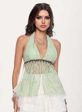 ROCKMORE【清新岛屿】绿色透视蕾丝拼接绑带挂脖背心性感内搭吊带