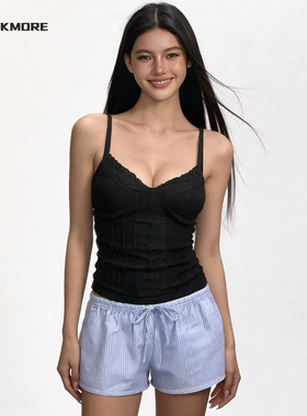 #ROCKMORE#性感白色蕾丝拼接V领辣妹收腰吊带女 小众百搭显瘦背心