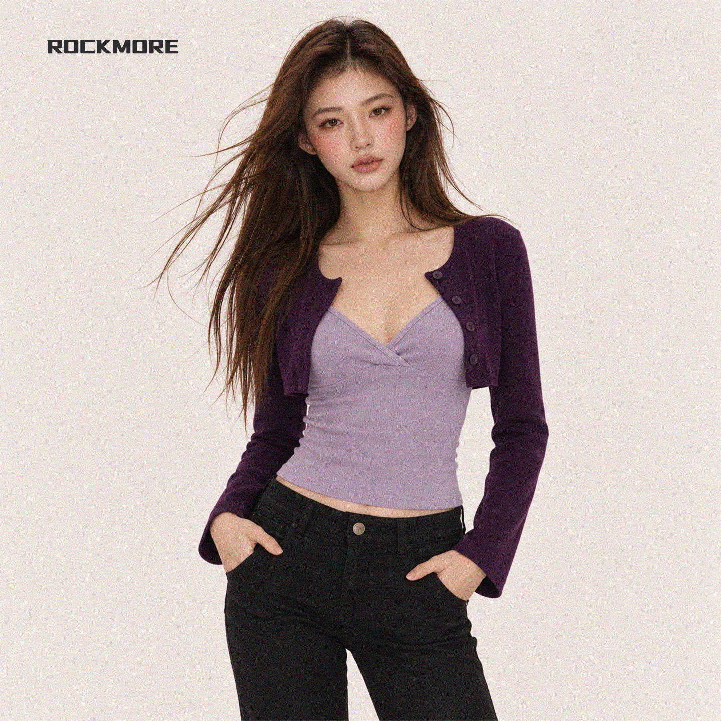 #ROCKMORE#甜辣纯欲风撞色单排扣短款开衫 V领吊带修身显瘦两件套