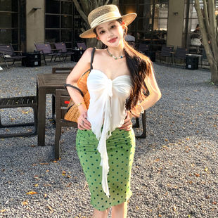 绿色波点包臀裙女 白色波边绑带网纱背心 ·ROCKMORE 海岛度假