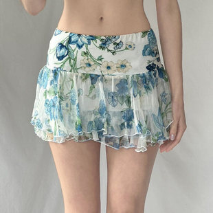 ROCKMORE 辣妹蓝色花卉mini短裙性感低腰轻薄网纱半裙 南法度假