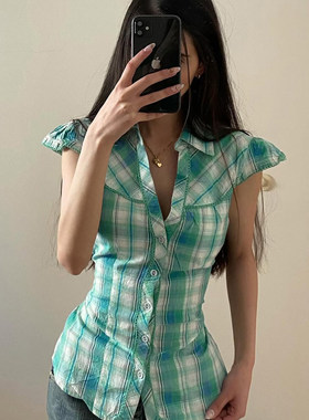 ROCKMORE【古早文艺】绿色后绑带收腰小飞袖格纹衬衫排扣修身上衣