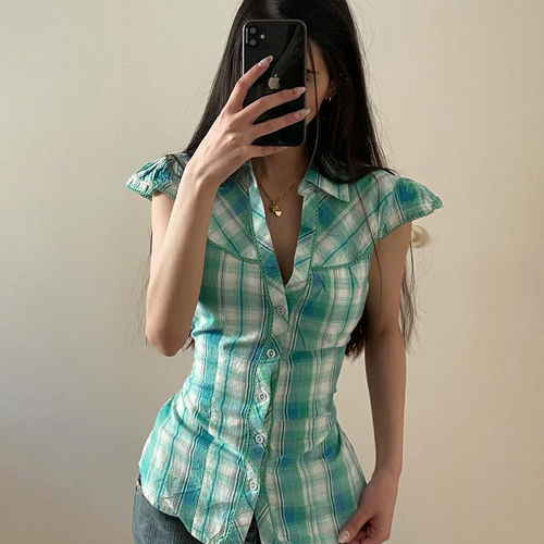 绿色格纹拼接小飞袖POLO领衬衫夏